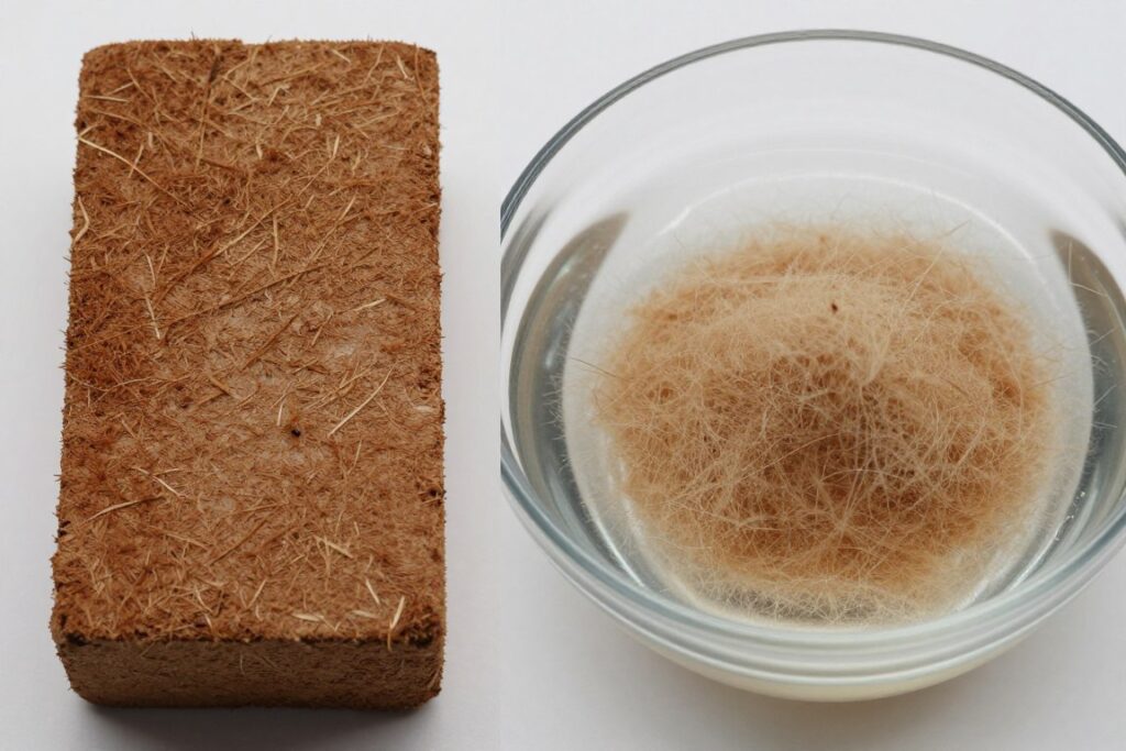 Compressed coir brick expanding in water next to finished coir fiber Compressed coir brick expanding in water next to finished coir fiber