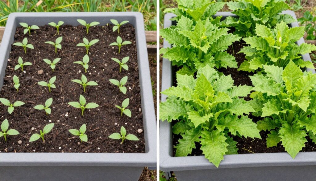 Container garden through different seasons showing spring planting and summer growth Container garden through different seasons showing spring planting and summer growth