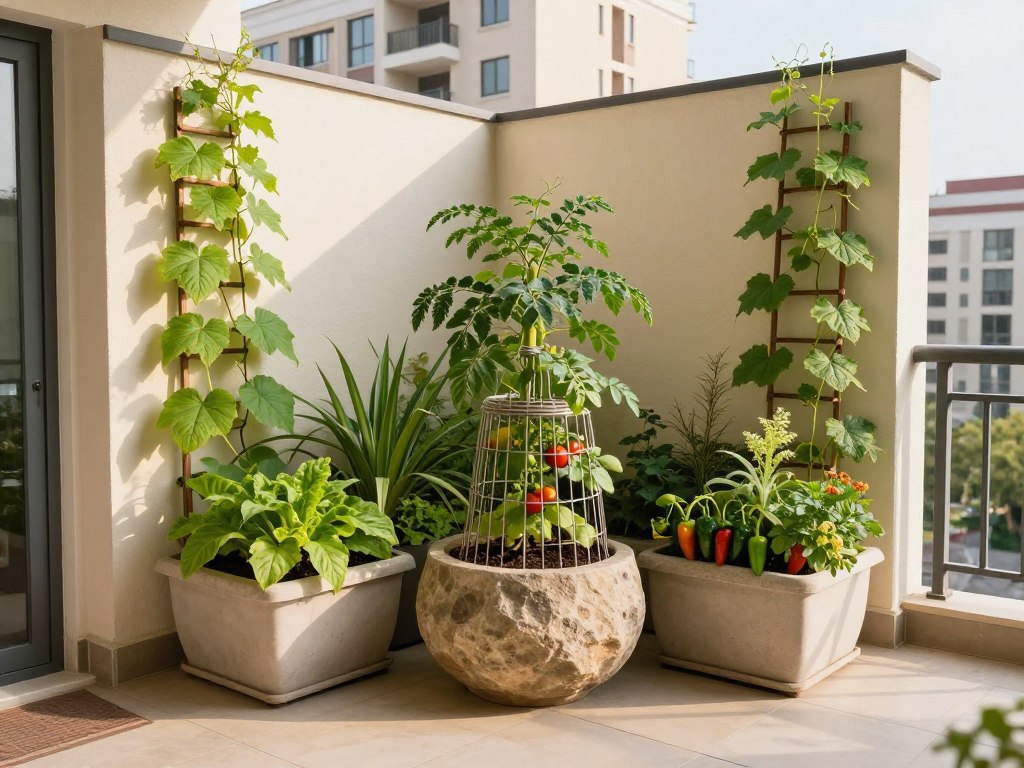 Corner balcony garden layout with large containers arranged in L-shape and vertical trellises