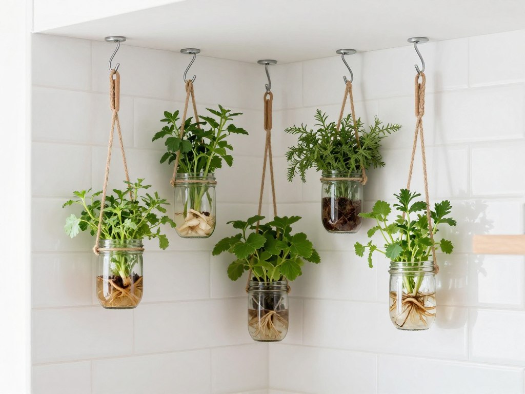 Creative vertical herb garden using hanging containers in small kitchen space