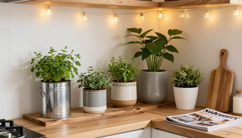 Creatively displayed indoor herb garden with mixed container styles in small kitchen