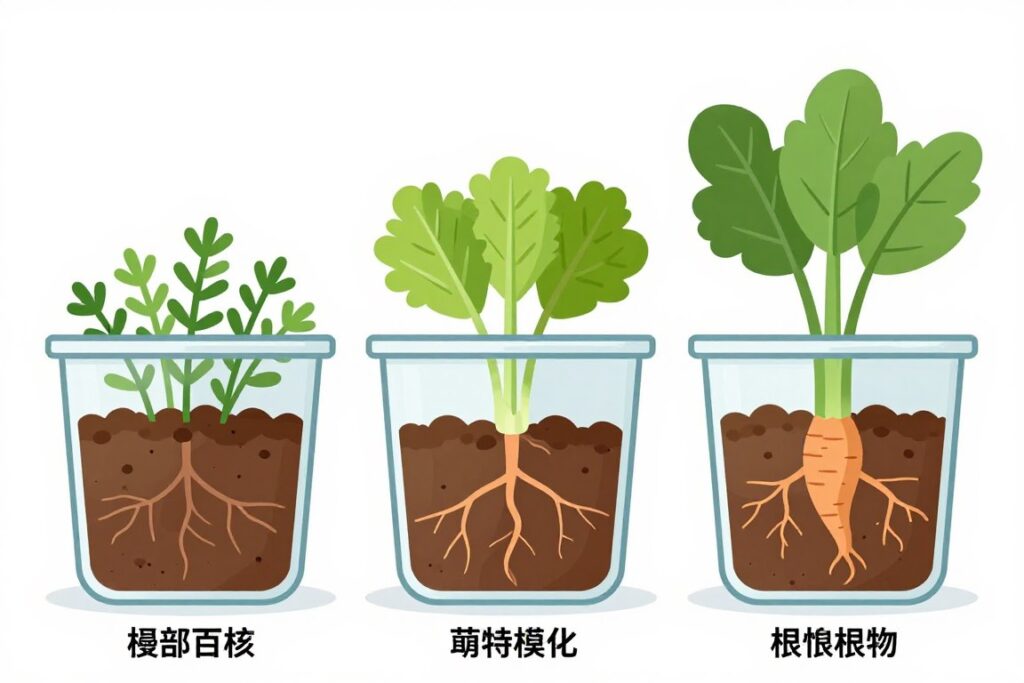 Cross-section view of containers showing different soil depths and root systems Cross-section view of containers showing different soil depths and root systems