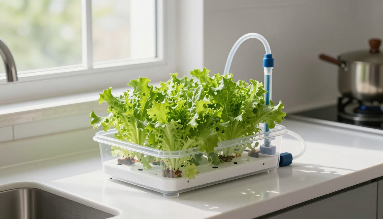 DIY Hydroponic System setup on kitchen counter with lettuce plants growing