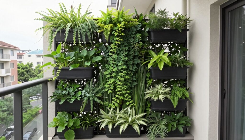 Dense vertical garden creating privacy screen on balcony