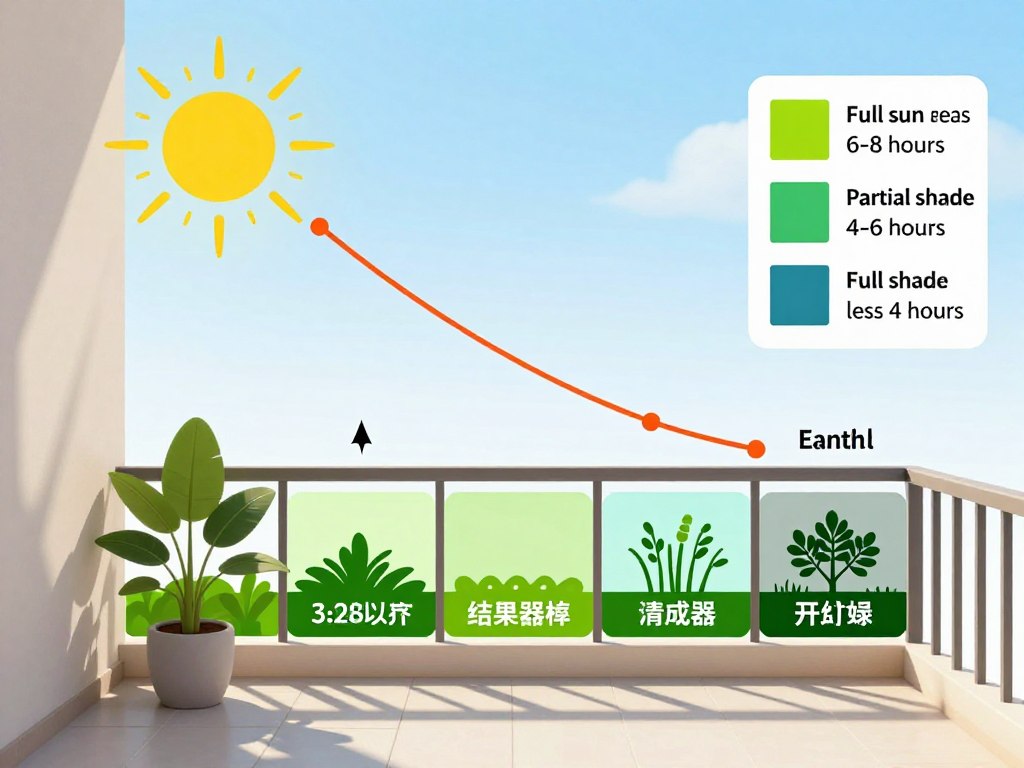 Diagram showing balcony garden sunlight patterns throughout the day with growing zones