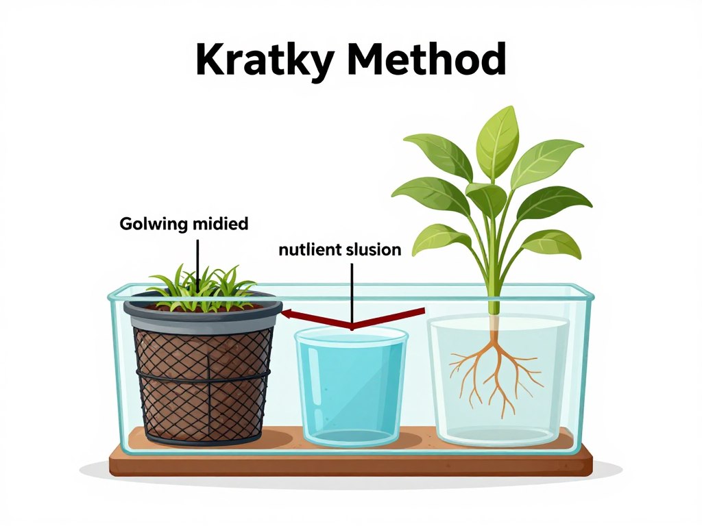 Diagram showing the Kratky Method passive hydroponic system structure with labeled parts Diagram showing the Kratky Method passive hydroponic system structure with labeled parts