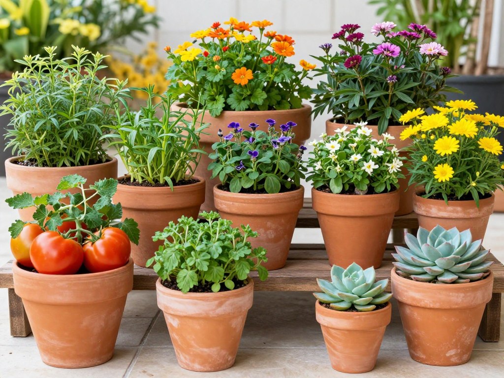 Different container plants showing vegetables, herbs, flowers, and succulents Different container plants showing vegetables, herbs, flowers, and succulents