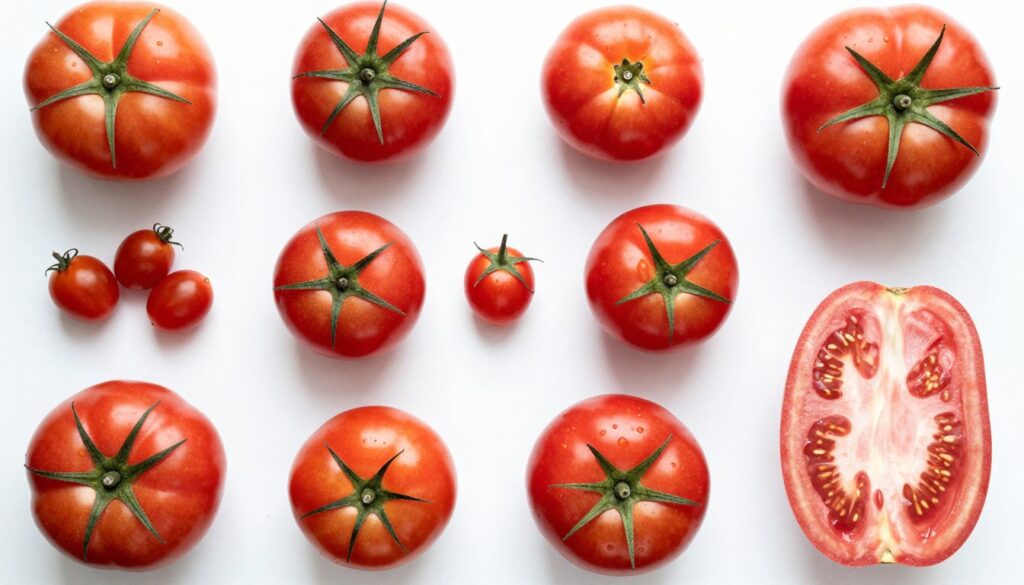 Different tomato varieties displayed including cherry, roma, and beefsteak types