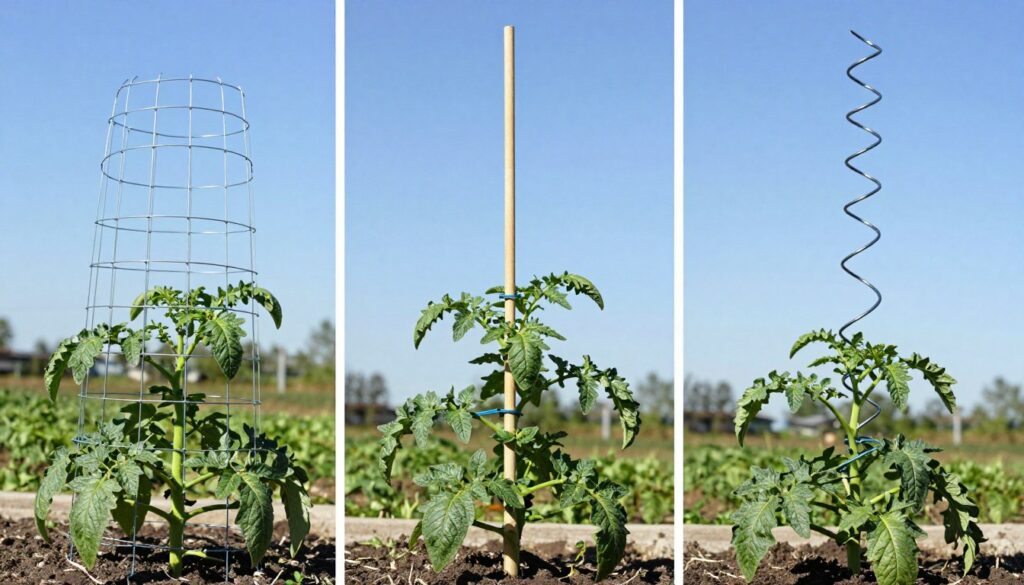 Different types of tomato supports including cages, stakes, and trellises