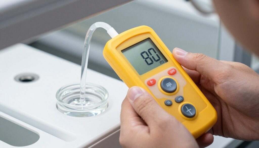 Digital pH meter testing hydroponic nutrient solution in reservoir