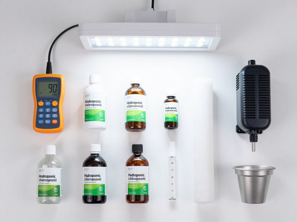 Essential hydroponic equipment including pH meter, nutrients, grow lights, and air pump Essential hydroponic equipment including pH meter, nutrients, grow lights, and air pump