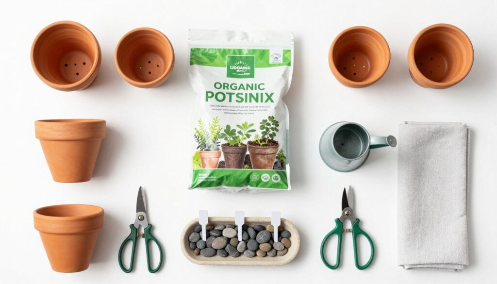 Essential indoor herb garden supplies including containers, potting soil, drainage materials, and gardening tools