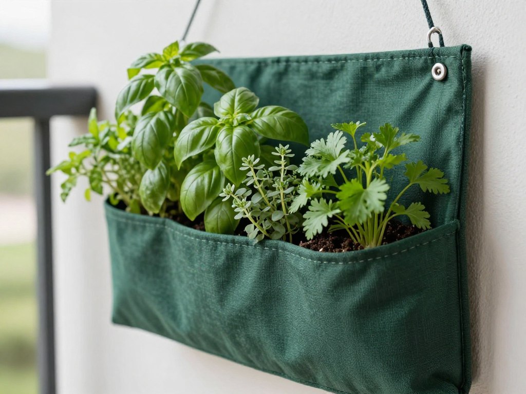 Fabric pocket vertical garden with herbs on balcony wall
