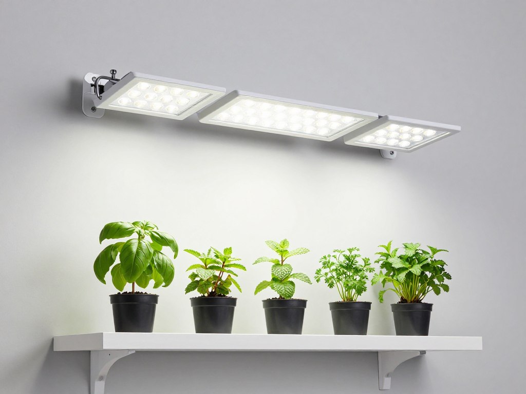 Four-head clip-on grow light system attached to shelf with multiple herb pots