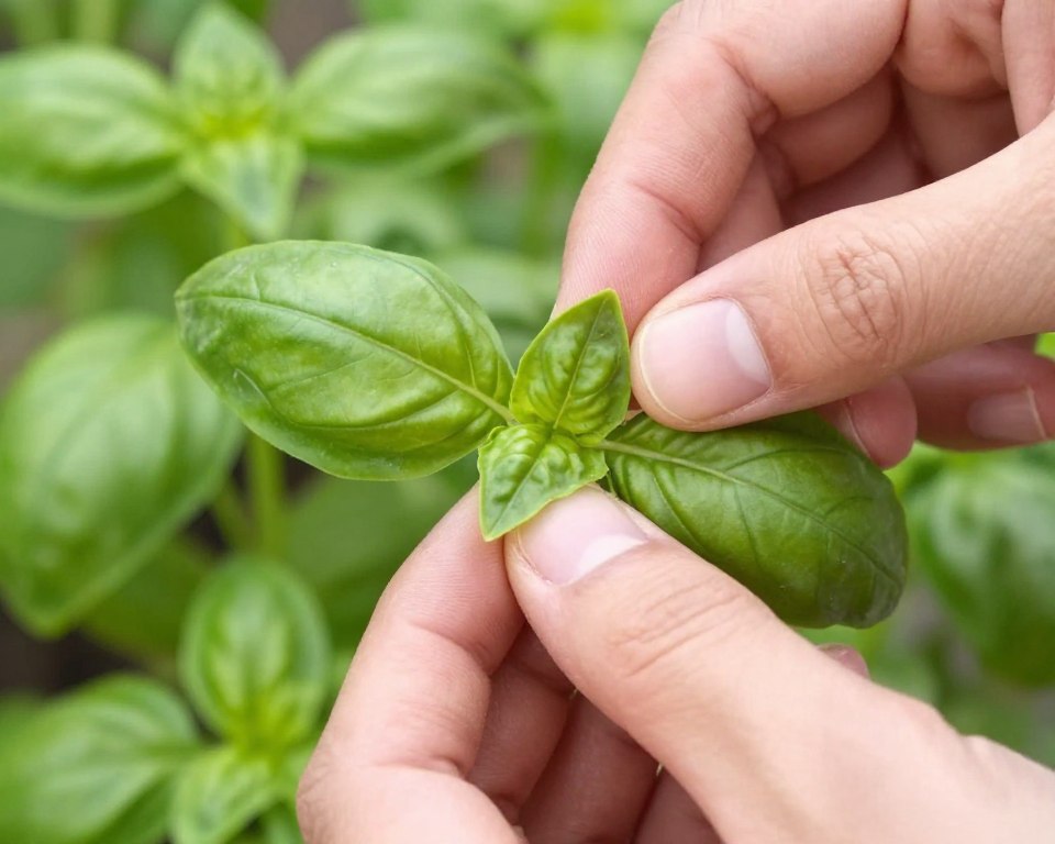 Fresh basil being harvested correctly above leaf node Fresh basil being harvested correctly above leaf node