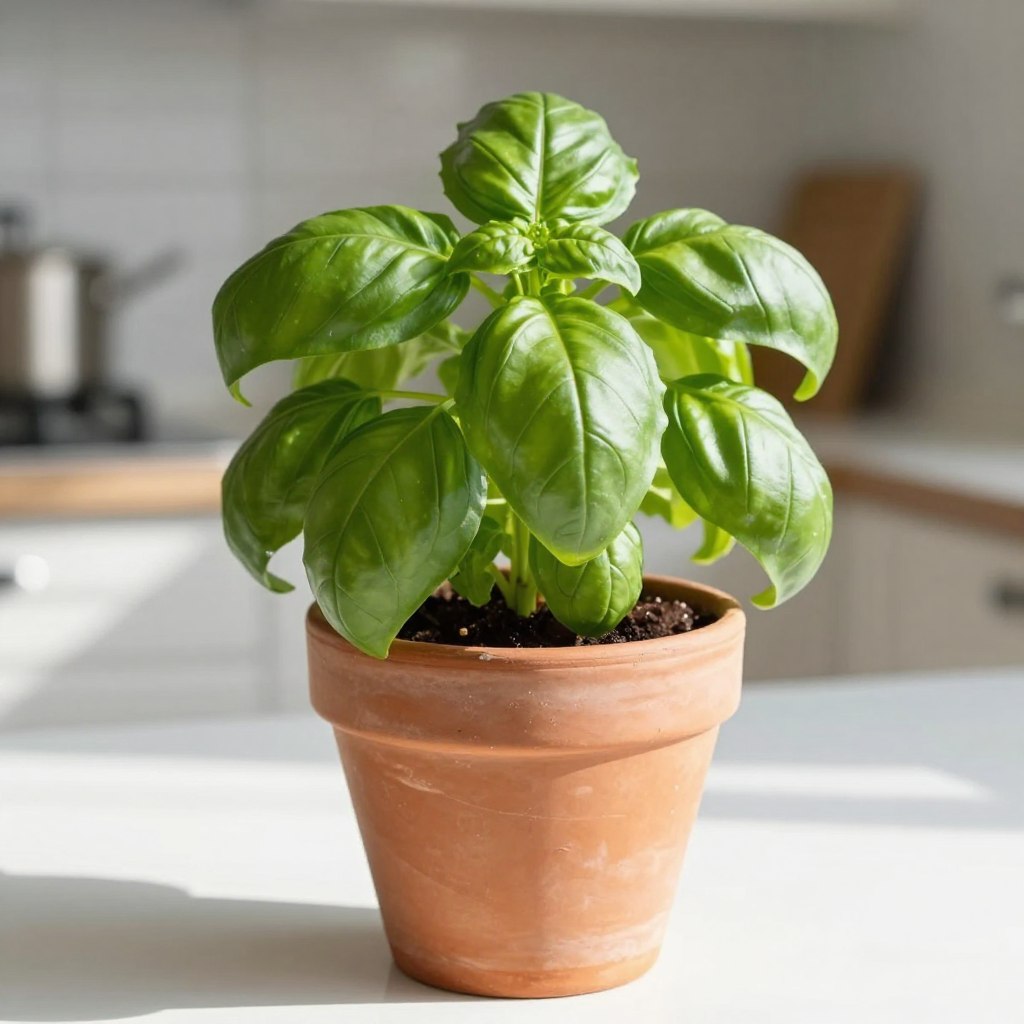 Fresh basil herb growing in pot for indoor herb gardening