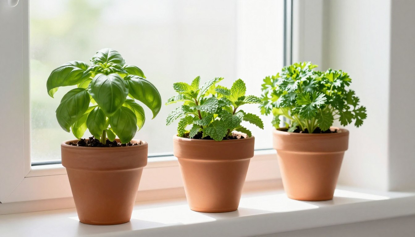 Fresh basil, mint, and parsley herbs growing in pots on a sunny kitchen windowsill