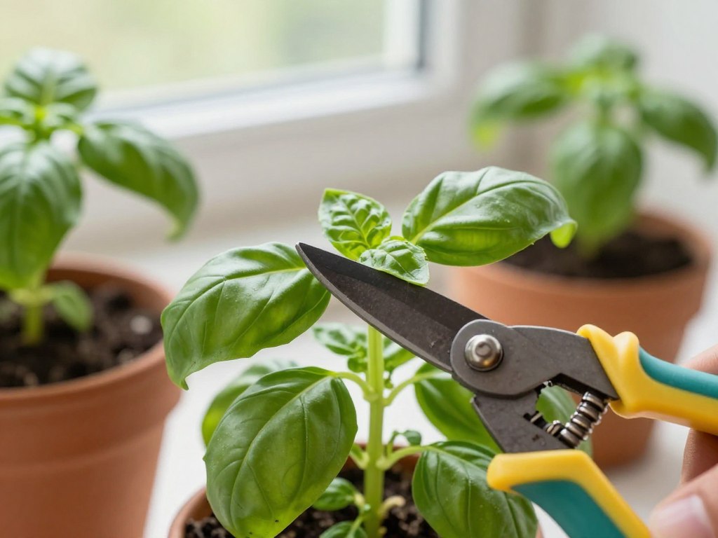Fresh herbs being harvested with pruning shears in indoor kitchen garden