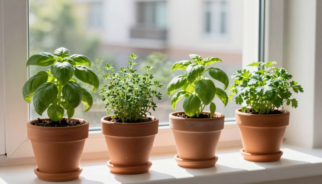 Fresh herbs growing in small containers on a sunny apartment windowsill