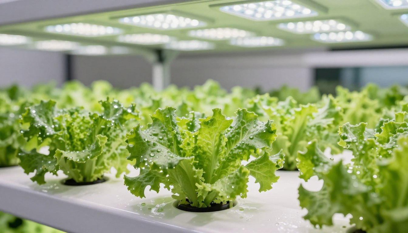 Fresh hydroponic lettuce growing in an indoor system with LED grow lights