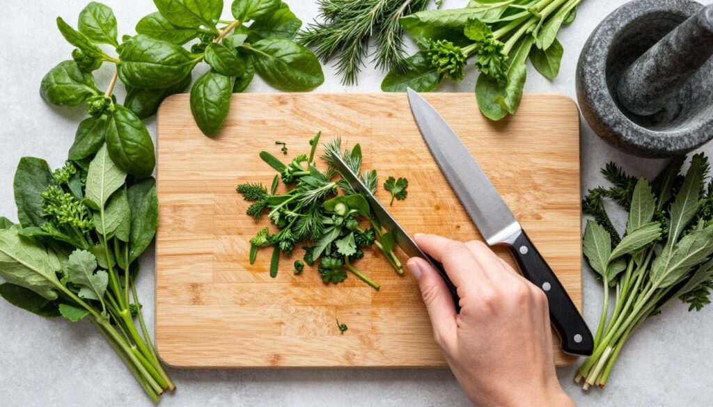 Freshly harvested herbs being prepared in kitchen Freshly harvested herbs being prepared in kitchen