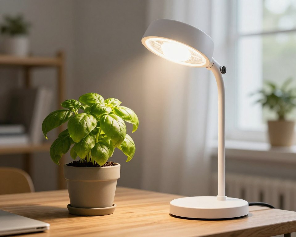 Full spectrum LED grow light bulb in desk lamp illuminating potted basil plant