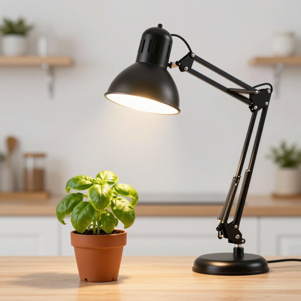 GE LED grow light bulb in adjustable desk lamp fixture illuminating potted herbs