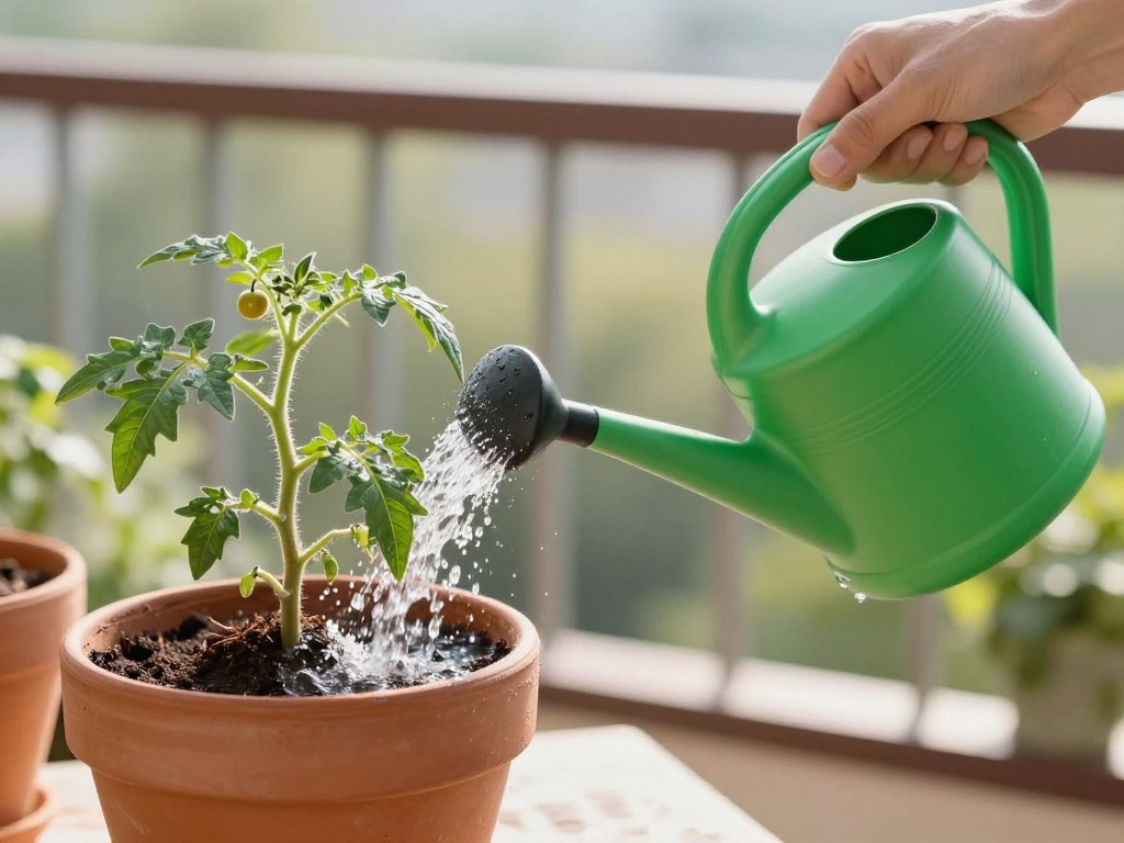 Gardener watering tomato plant in container with watering can