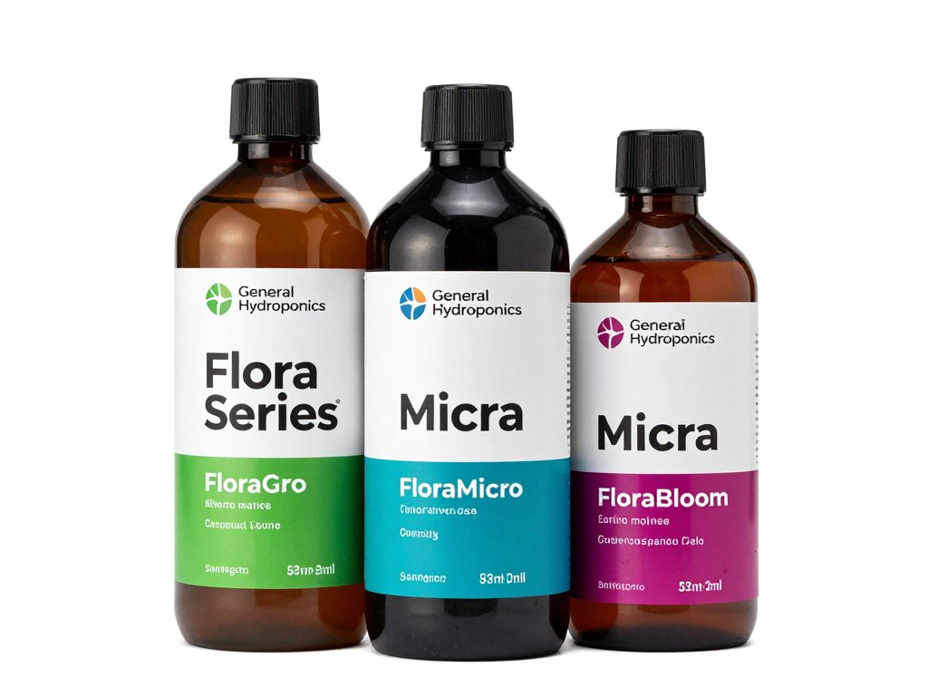 General Hydroponics Flora Series three-part nutrient system bottles FloraGro FloraMicro FloraBloom General Hydroponics Flora Series three-part nutrient system bottles FloraGro FloraMicro FloraBloom