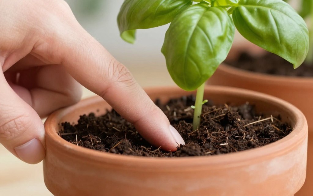 Hand checking soil moisture in an herb pot before watering