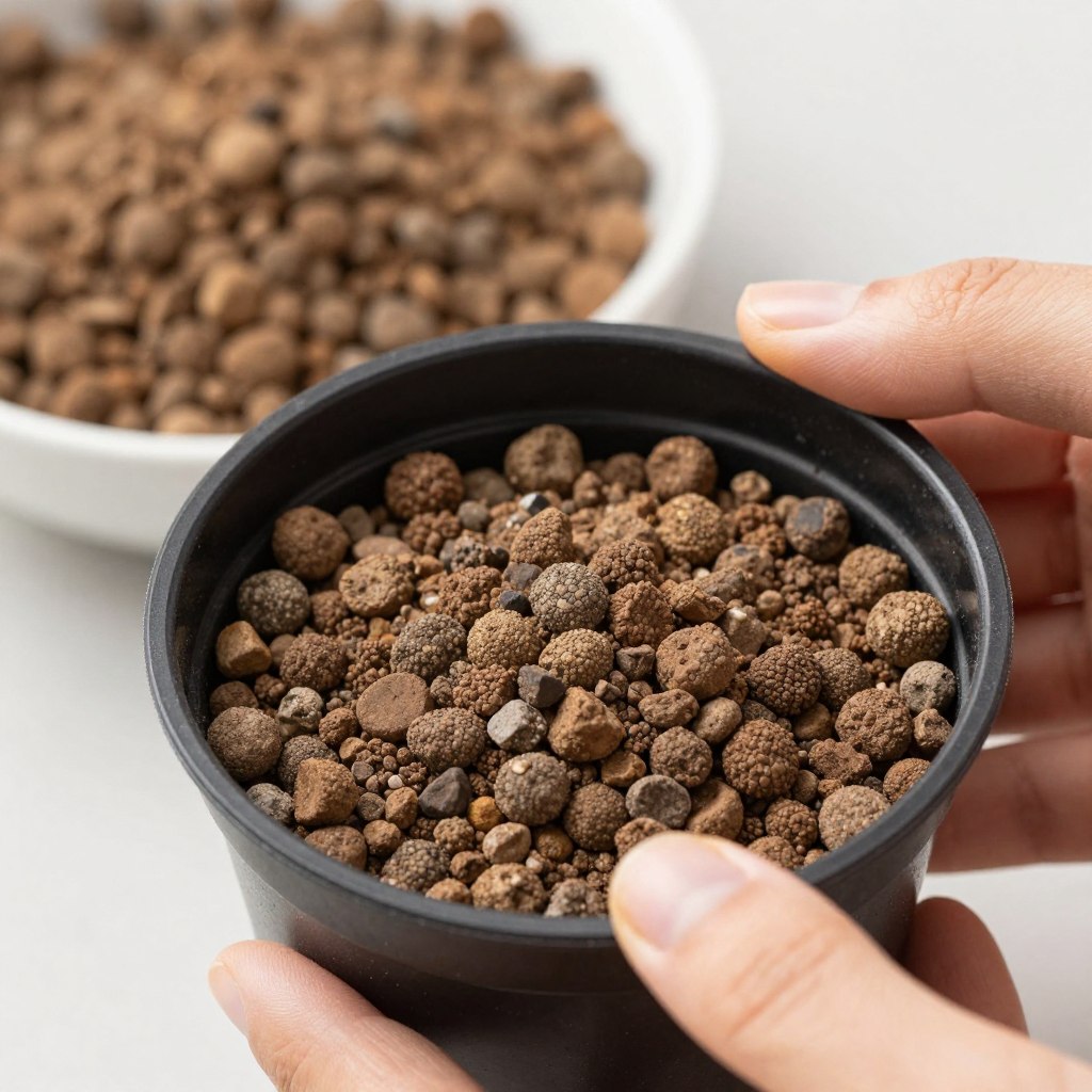 Hand filling net pot with clay pebbles Hand filling net pot with clay pebbles