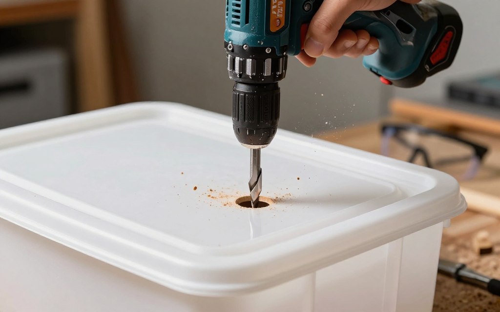 Hand holding drill cutting hole in storage container lid Hand holding drill cutting hole in storage container lid