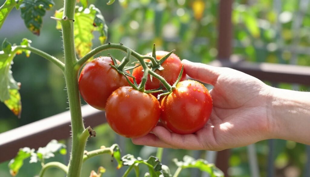 Hand picking ripe red tomato from plant