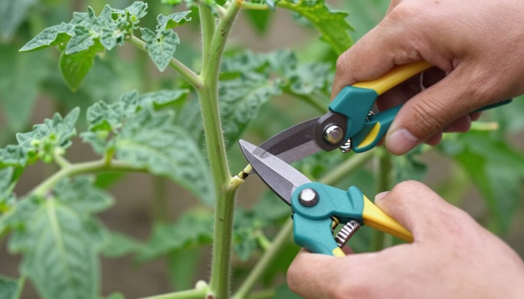 Hand pruning tomato sucker from plant stem