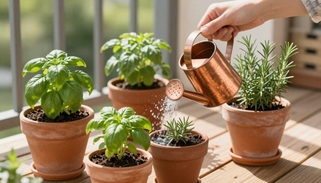 Hand watering herb containers with a watering can on a balcony Hand watering herb containers with a watering can on a balcony