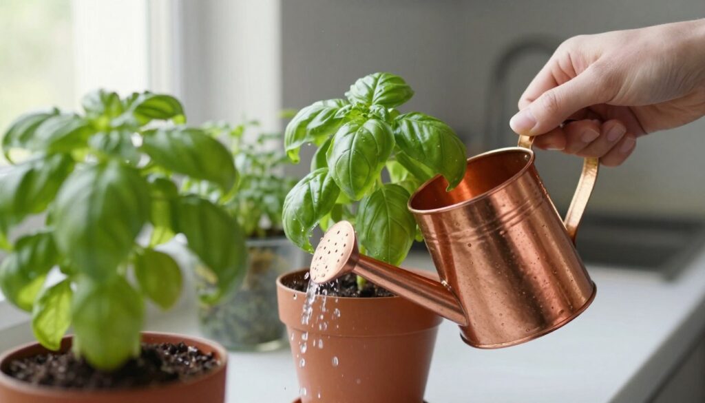Hand watering indoor herb garden with small watering can in kitchen setting