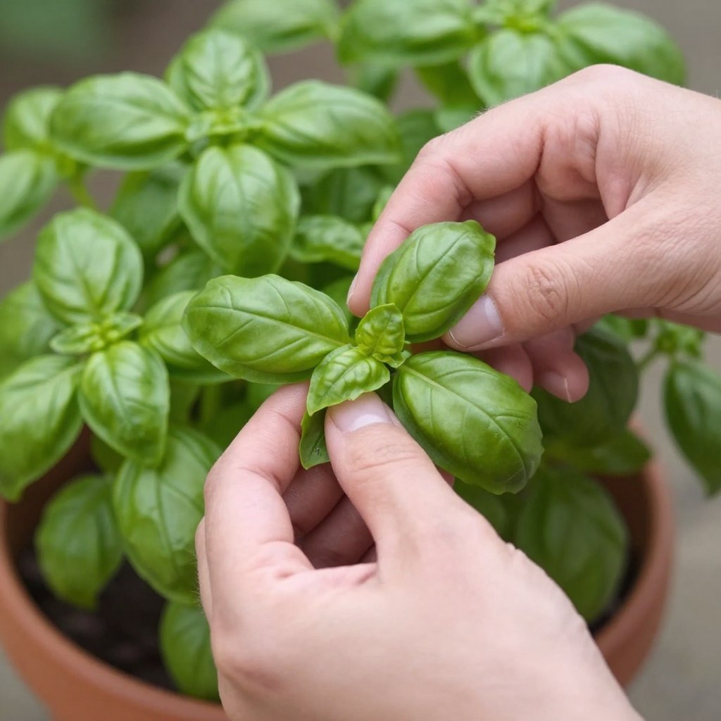 Hands harvesting fresh basil leaves from a container plant Hands harvesting fresh basil leaves from a container plant
