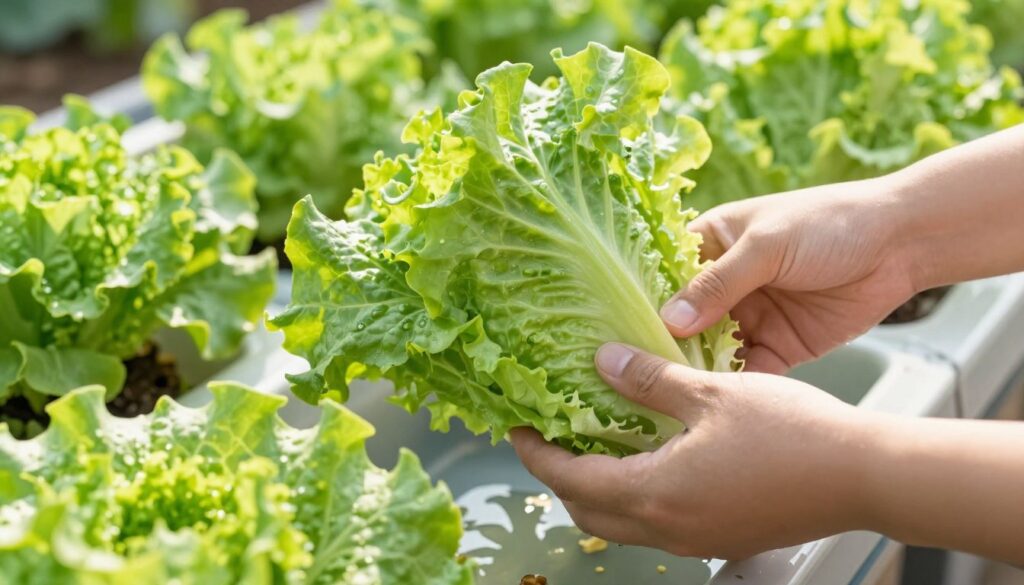 Hands harvesting fresh lettuce from Kratky hydroponic system Hands harvesting fresh lettuce from Kratky hydroponic system