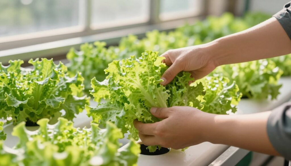 Hands harvesting fresh lettuce from hydroponic system Hands harvesting fresh lettuce from hydroponic system