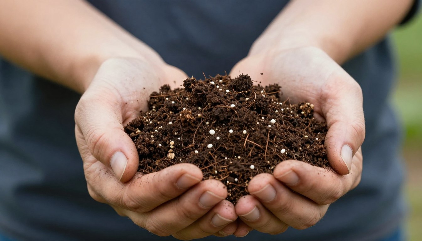 Hands holding rich, dark potting soil mix with visible texture and components