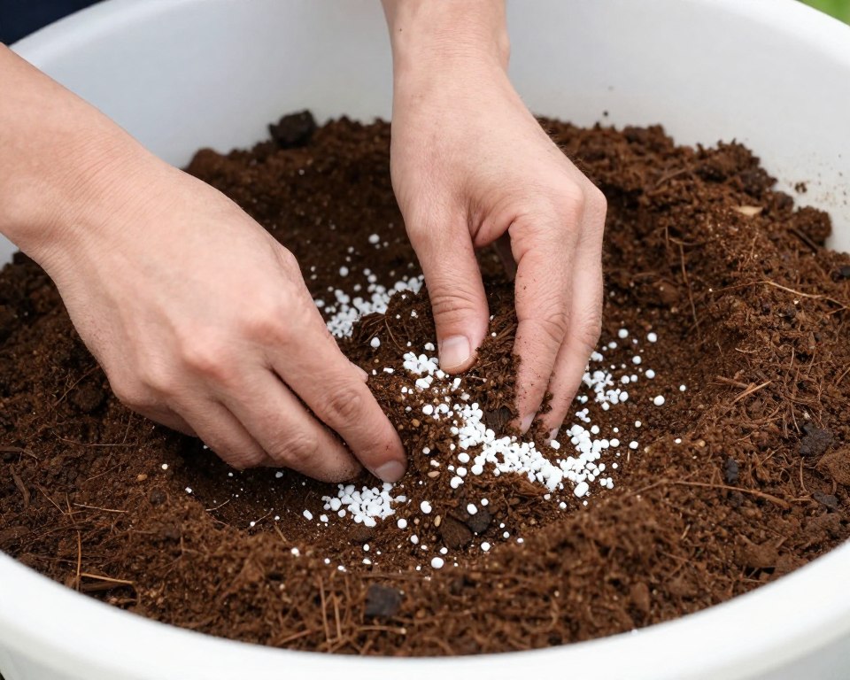 Hands mixing potting soil with amendments in a large container