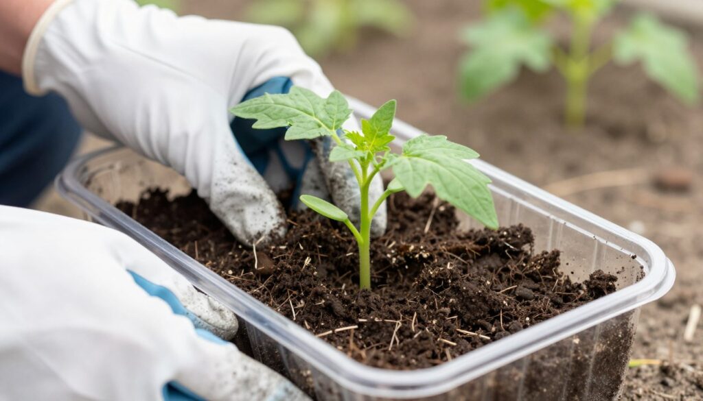 Hands planting a tomato seedling deep in a container