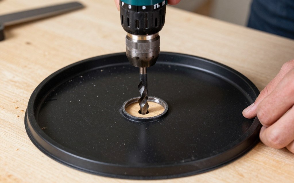 Hands using drill to cut hole in container lid for net pot Hands using drill to cut hole in container lid for net pot