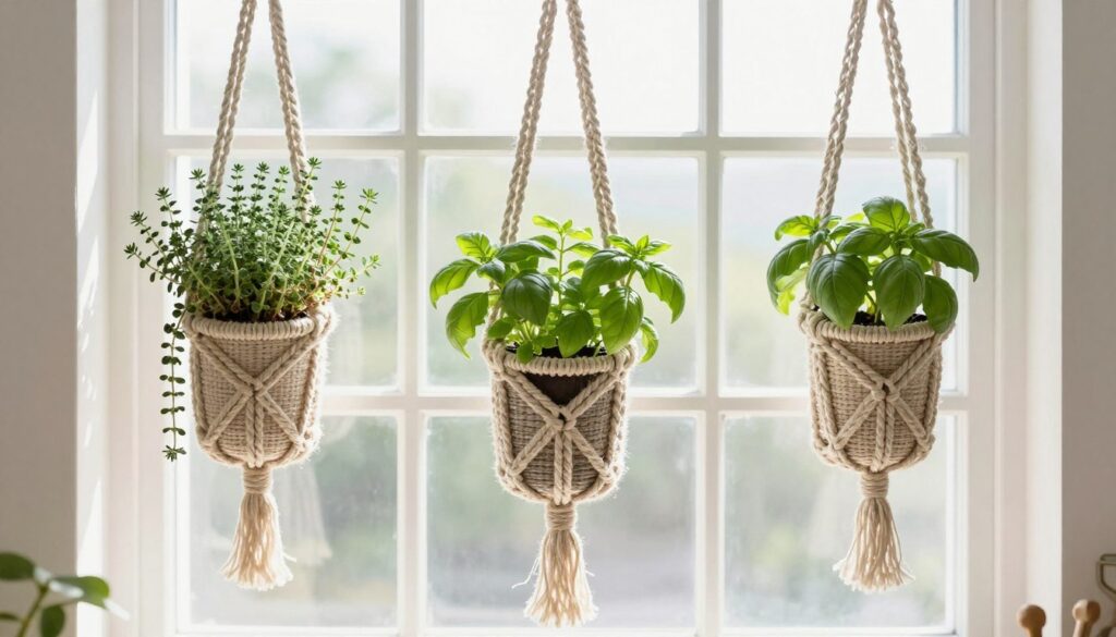 Hanging herb garden with macrame planters in small kitchen window area