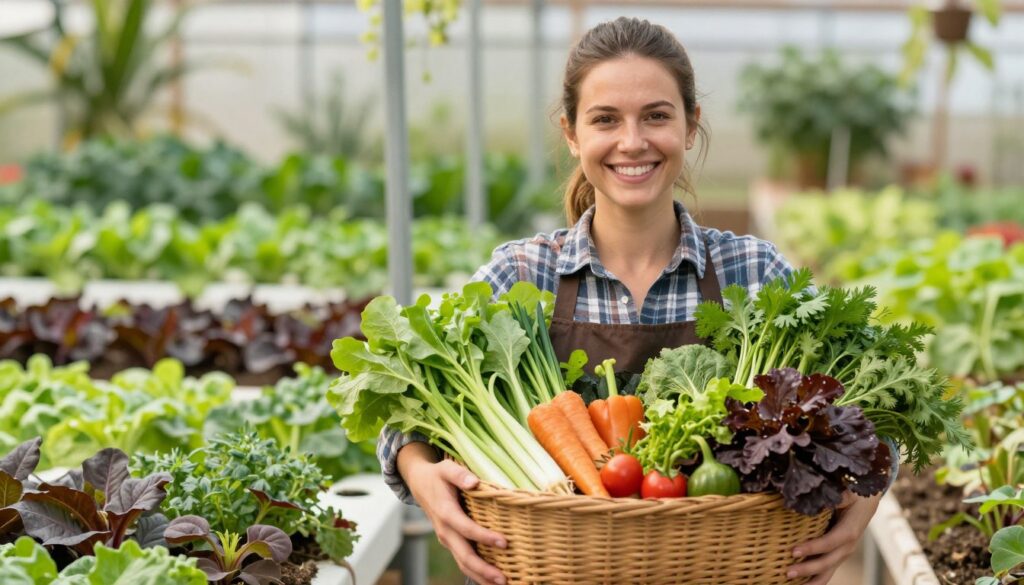 Happy gardener with successful harvest from both growing methods