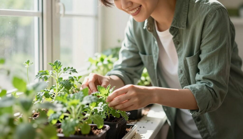 Happy person tending to thriving windowsill herb garden Happy person tending to thriving windowsill herb garden