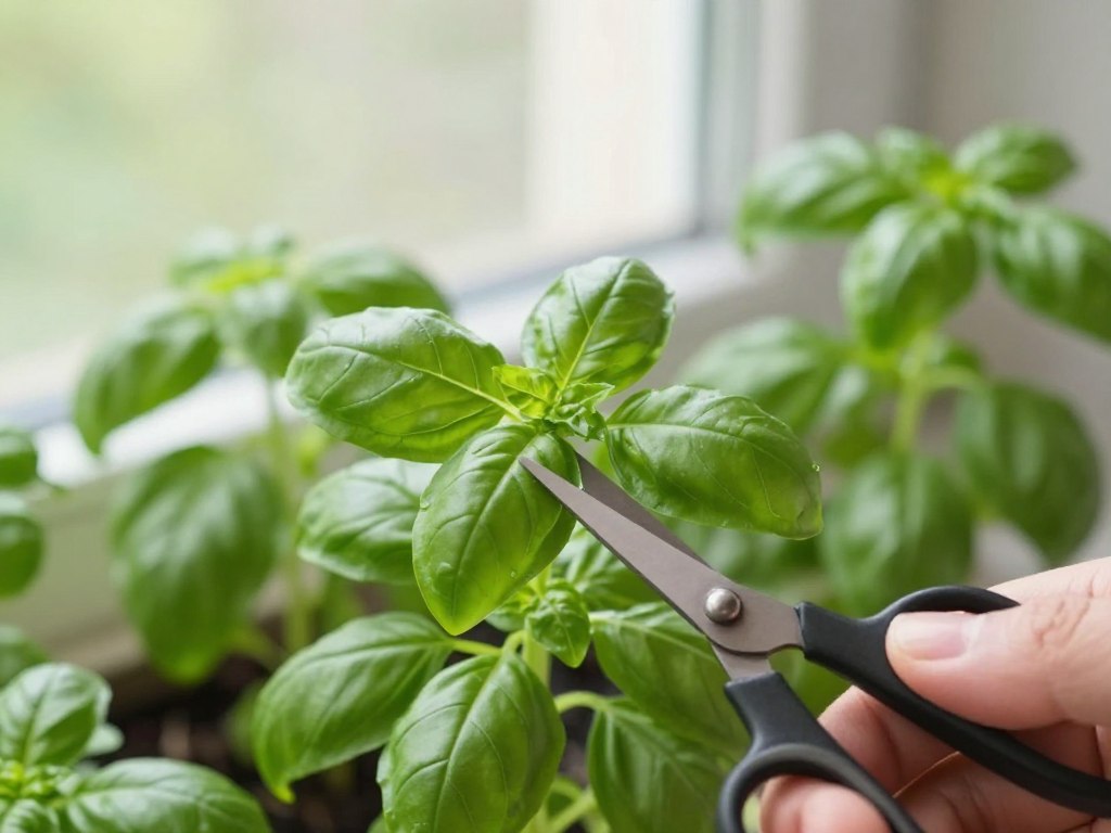 Harvesting fresh basil from windowsill herb garden Harvesting fresh basil from windowsill herb garden