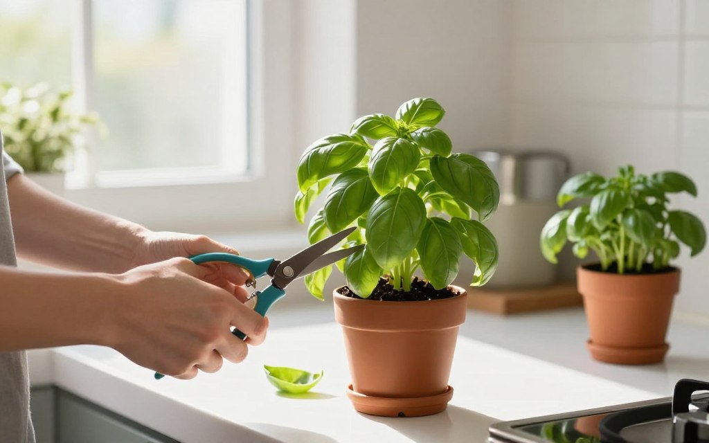 Harvesting fresh herbs from indoor garden in apartment kitchen