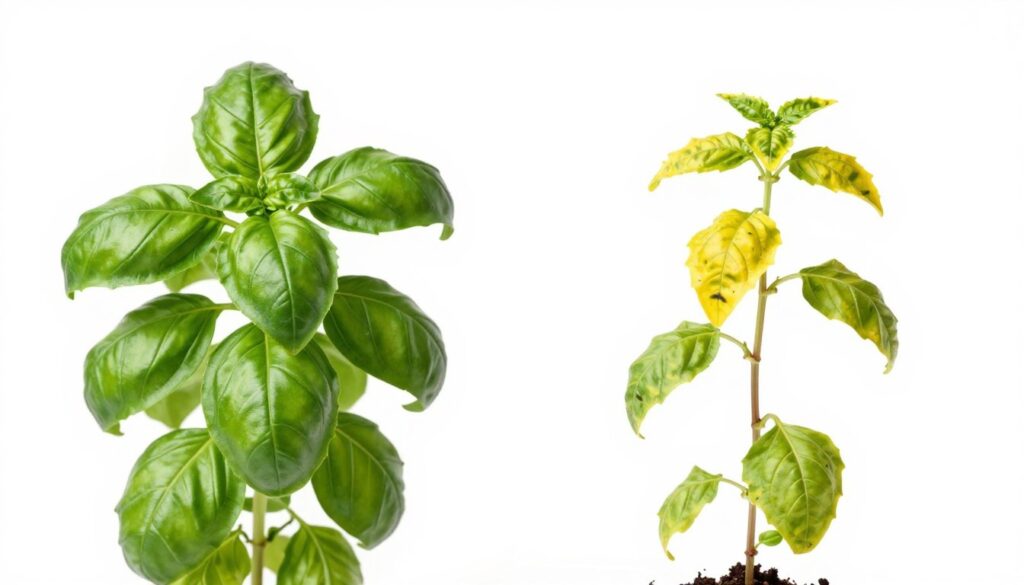 Healthy and unhealthy herb plants side by side showing comparison Healthy and unhealthy herb plants side by side showing comparison
