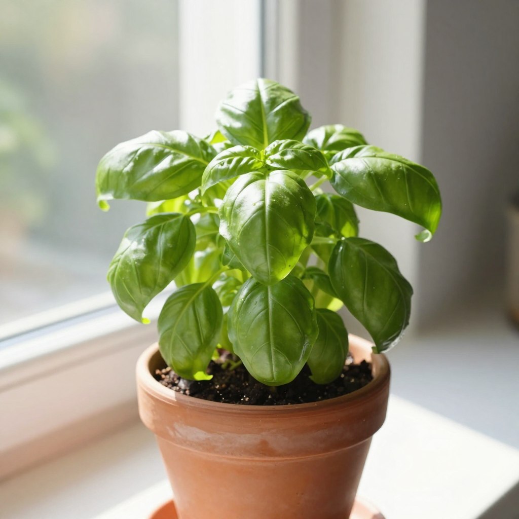 Healthy basil plant growing in a terracotta pot on a windowsill Healthy basil plant growing in a terracotta pot on a windowsill